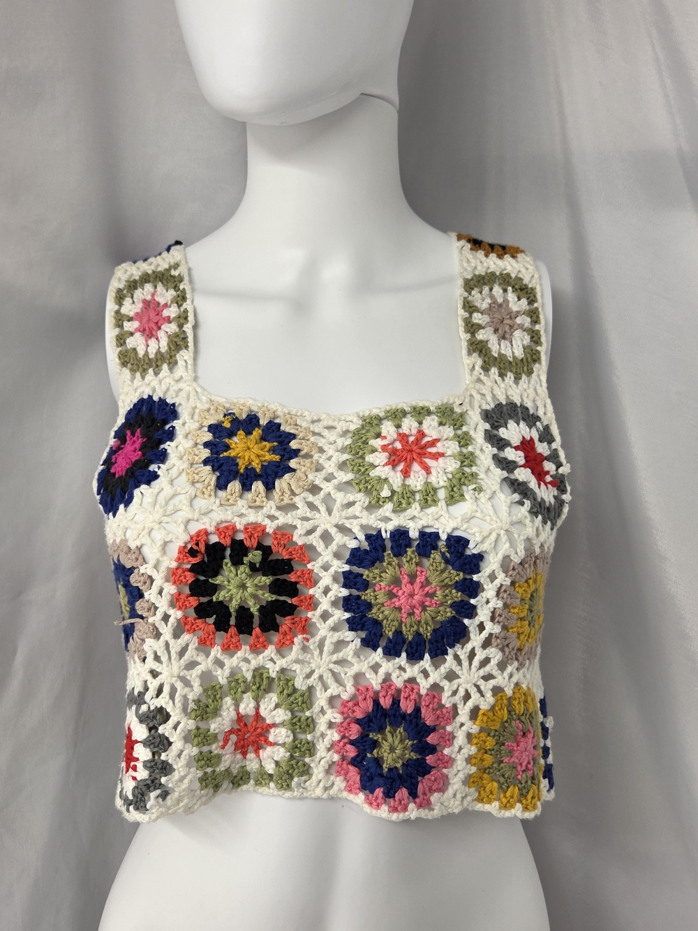 Handmade Crochet Granny Square Crop Tank Top Multi Color Boho Festival S/M